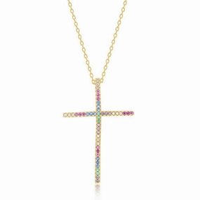 Sterling Silver Gold Plated Multi-Color CZ Cross Pendant