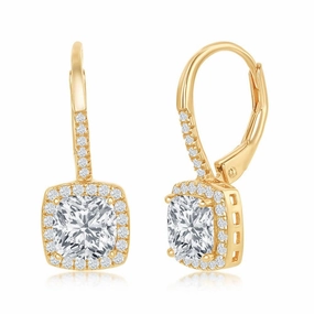 Sterling Silver Gold Plated Princess Cut CZ Dangling Earrings