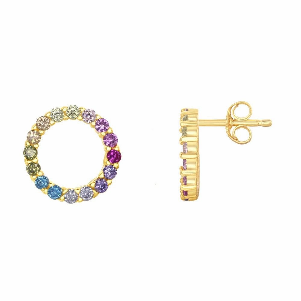 Sterling Silver Gold Plated Rainbow CZ Circle Stud Earrings