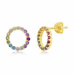 Sterling Silver Gold Plated Rainbow CZ Circle Stud Earrings