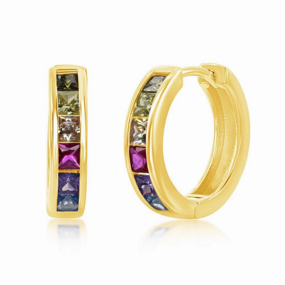 Sterling Silver Gold Plated Rainbow CZ Hoop Earrings