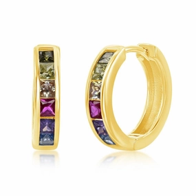 Sterling Silver Gold Plated Rainbow CZ Hoop Earrings