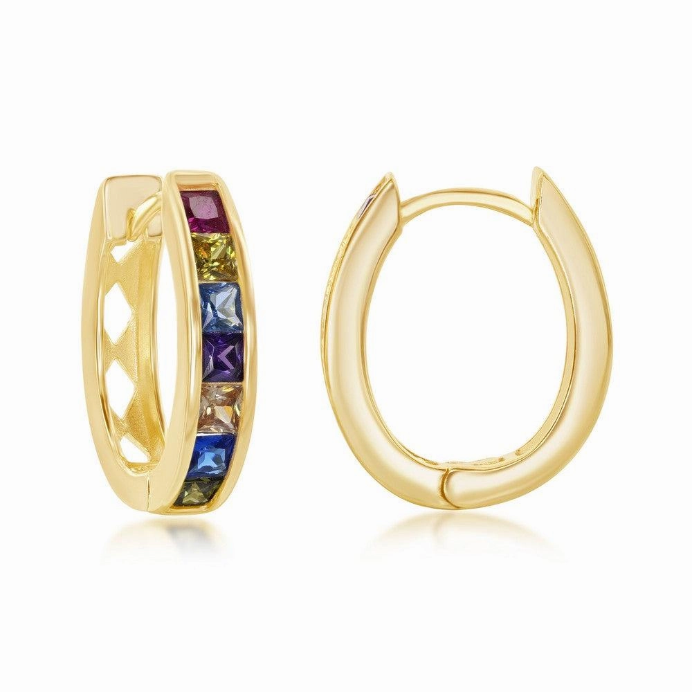 Sterling Silver Gold Plated Rainbow CZ Oval Hoops Earrings