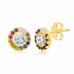 Sterling Silver Gold Plated Rainbow CZ Round Stud Earrings