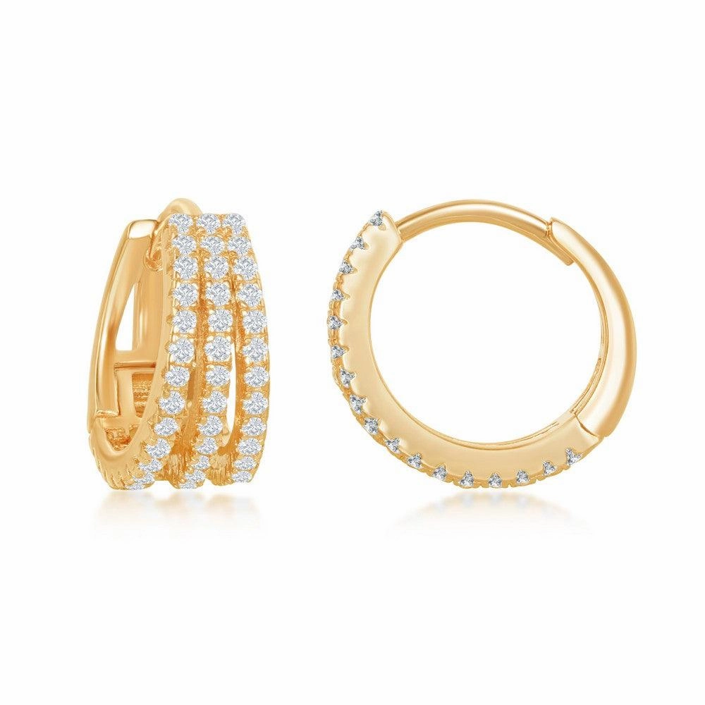 Sterling Silver Gold Plated Triple Row CZ Hoop Earrings