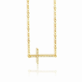 Sterling Silver Gold Sideways CZ Cross Necklace