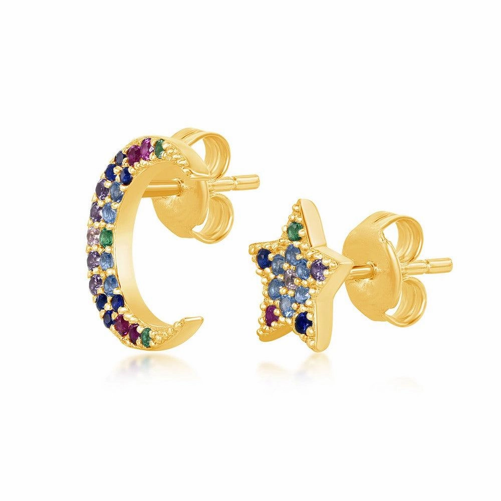 Sterling Silver GP Crescent Moon and Star Stud Earrings
