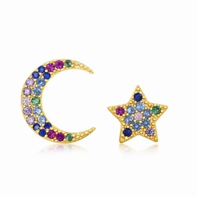Sterling Silver GP Crescent Moon and Star Stud Earrings