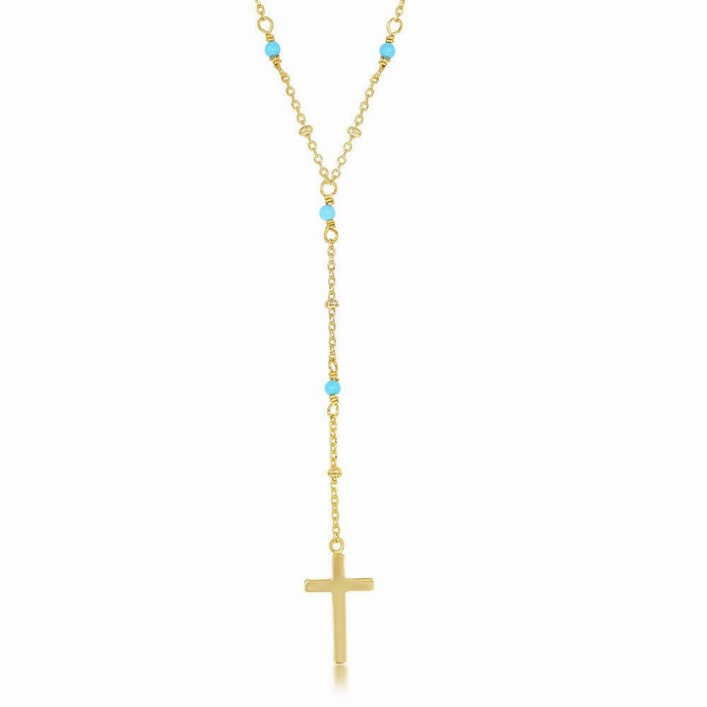 Sterling Silver GP Turquoise and GP Plain Beads Cross Necklace