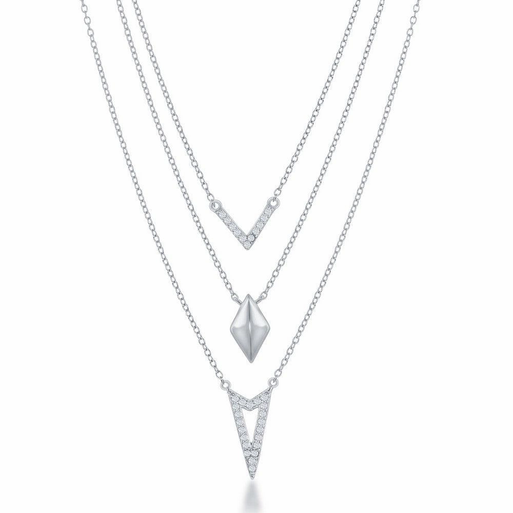 Sterling Silver Graduating Triple Chain with CZ Necklace