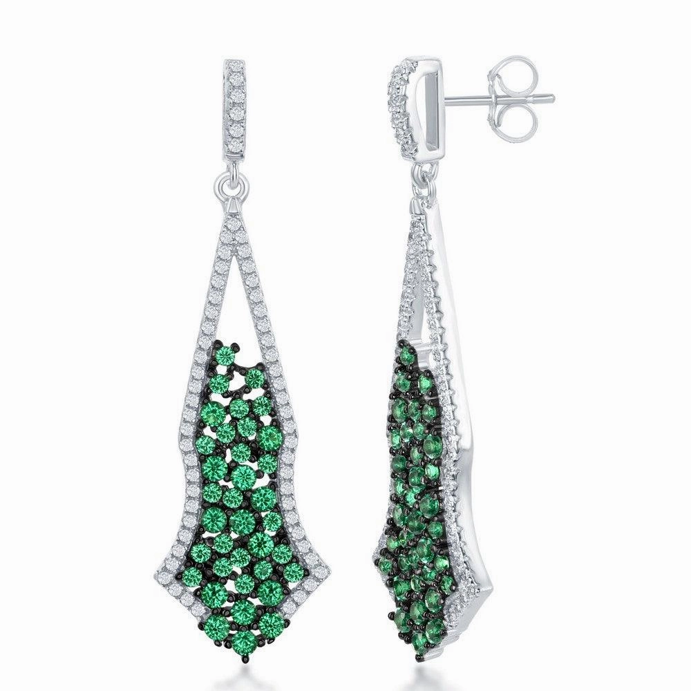 Sterling Silver Green CZ Center Long Earrings