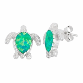 Sterling Silver Green Inlay Opal Turtle Earrings