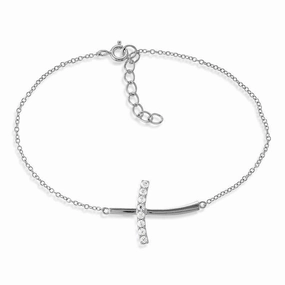 Sterling Silver Half CZ Curved Sideways Cross Bracelet, 7"