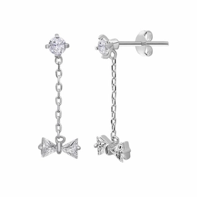 Sterling Silver Hanging Chain Small CZ Bow Earrings