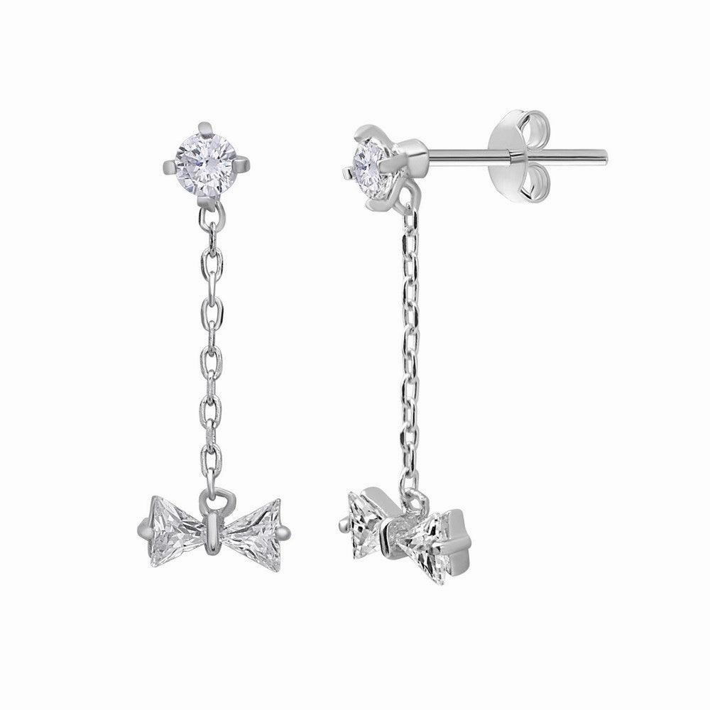 Sterling Silver Hanging Chain Small CZ Bow Earrings
