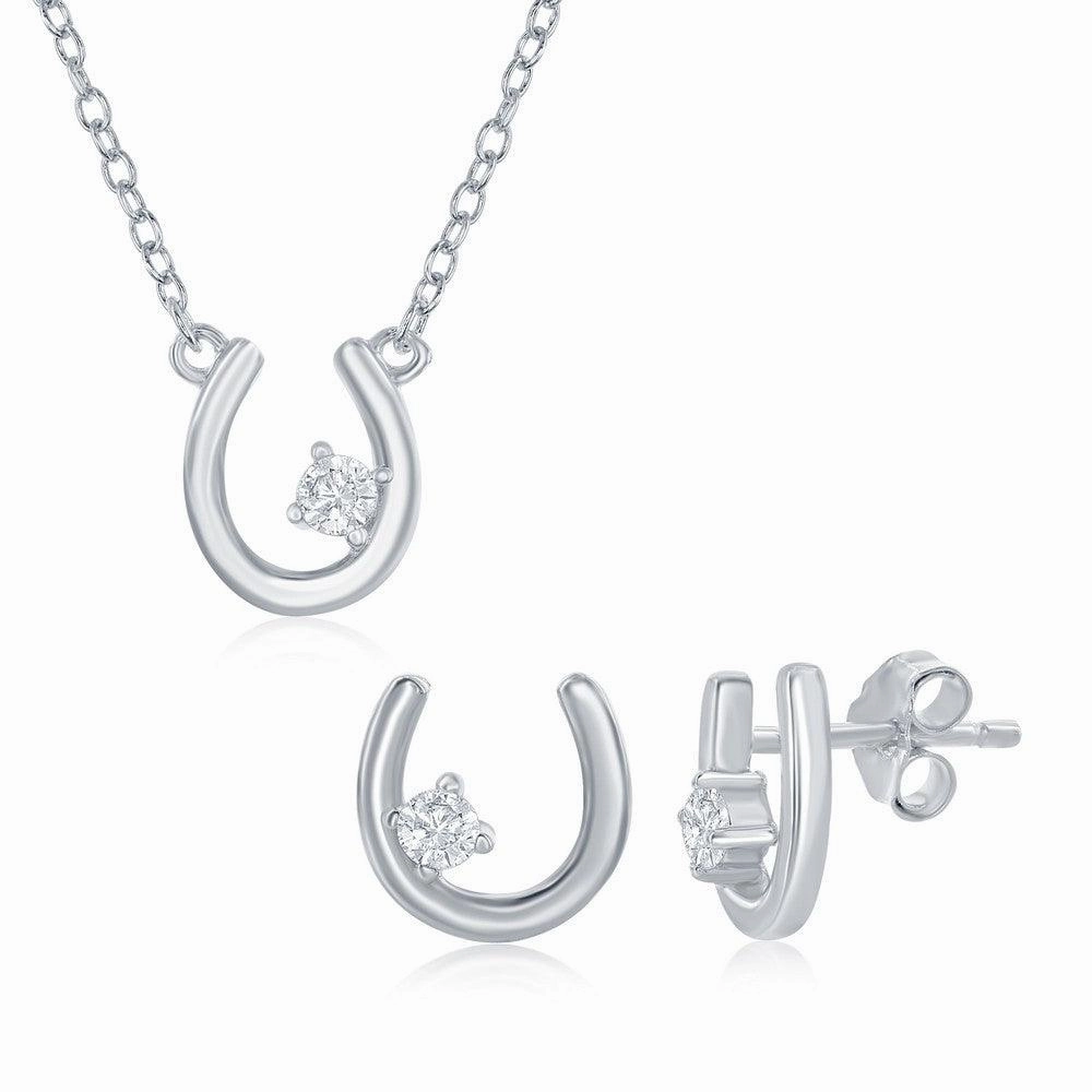 Sterling Silver Horseshoe with Single CZ Necklace & Earrings Set