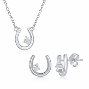 Sterling Silver Horseshoe with Single CZ Necklace & Earrings Set