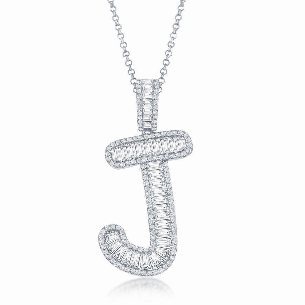 Sterling Silver J Initial Baguette CZ Pendant Chain