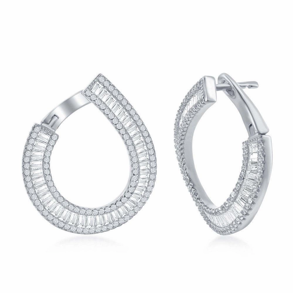 Sterling Silver J Shape Baguette CZ Border Earrings