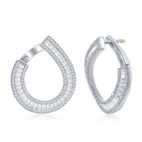 Sterling Silver J Shape Baguette CZ Border Earrings
