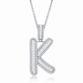 Sterling Silver K Initial Baguette CZ Pendant Chain