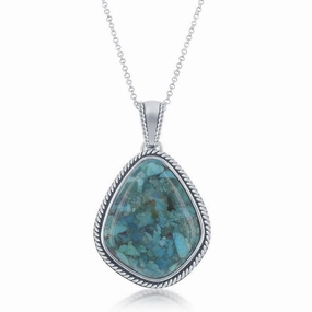 Sterling Silver Large Diamond-Shaped Turquoise Oxidized Rope Border Pendant With Chain
