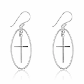 Sterling Silver Large Open Oval with Cross Earrings