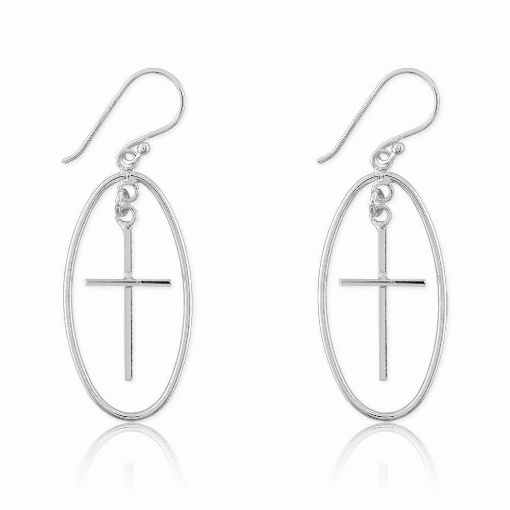 Sterling Silver Large Open Oval with Cross Earrings