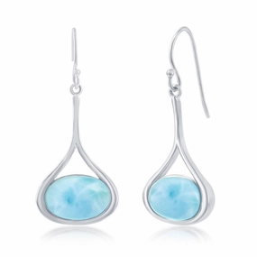 Sterling Silver Long Oval Larimar Dangling Earrings