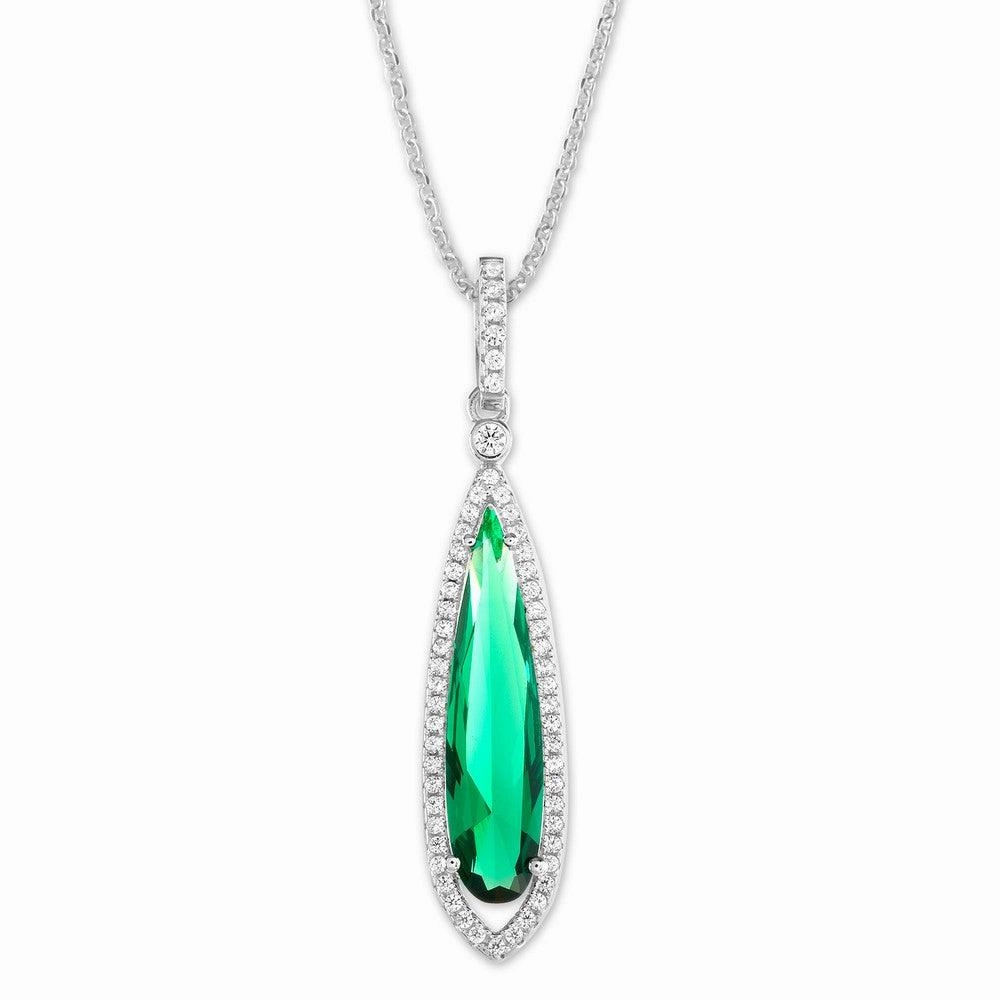 Sterling Silver Long Teardrop Dark Green CZ Pendant