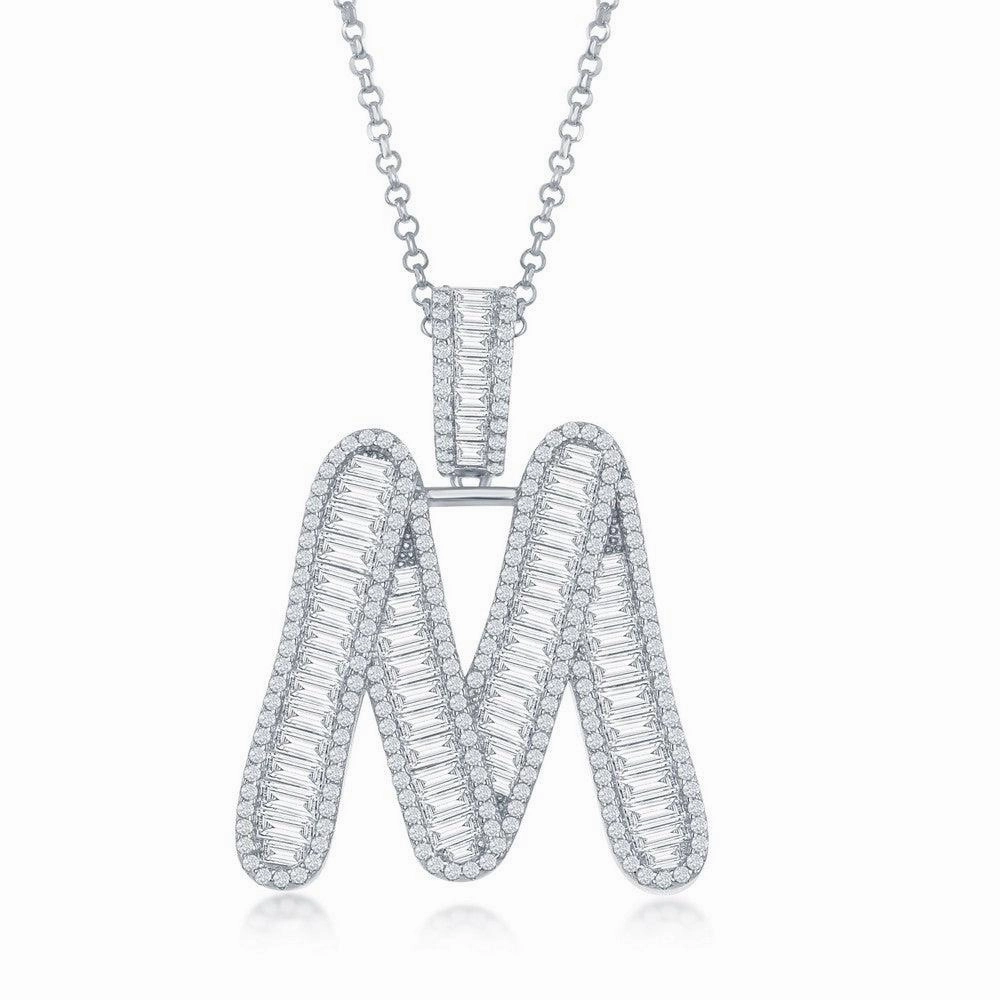 Sterling Silver M Initial Baguette CZ Pendant Chain