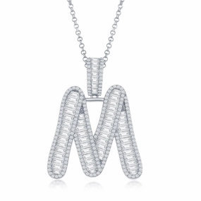 Sterling Silver M Initial Baguette CZ Pendant Chain