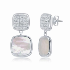 Sterling Silver Micro Pave and MOP Square Earrings