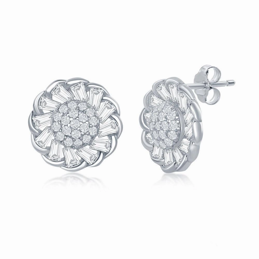 Sterling Silver Micro Pave Center & Baguette CZ Border Flower Design Stud Earrings
