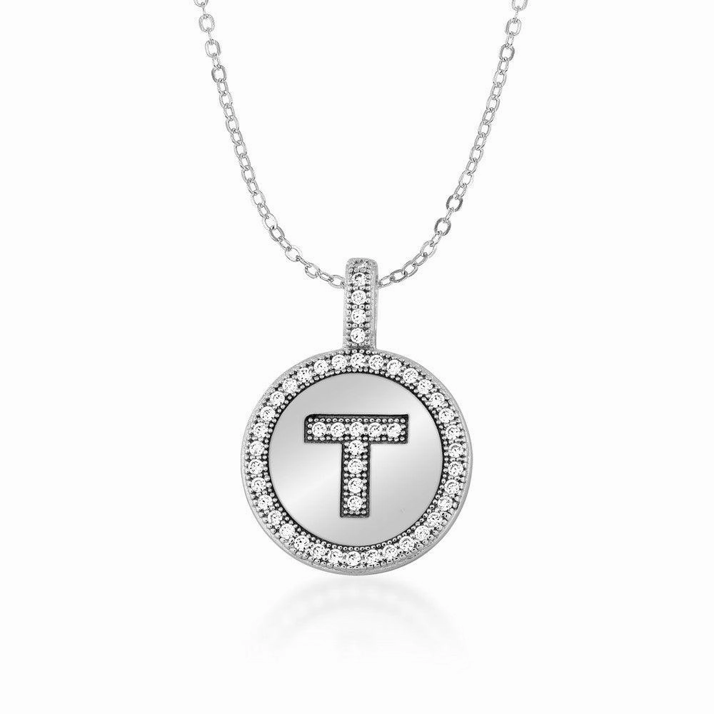 Sterling Silver Micro Pave Circle "T" Pendant with Chain