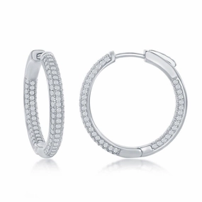 Sterling Silver Micro Pave CZ Hoop Earrings, 3 x 25 mm