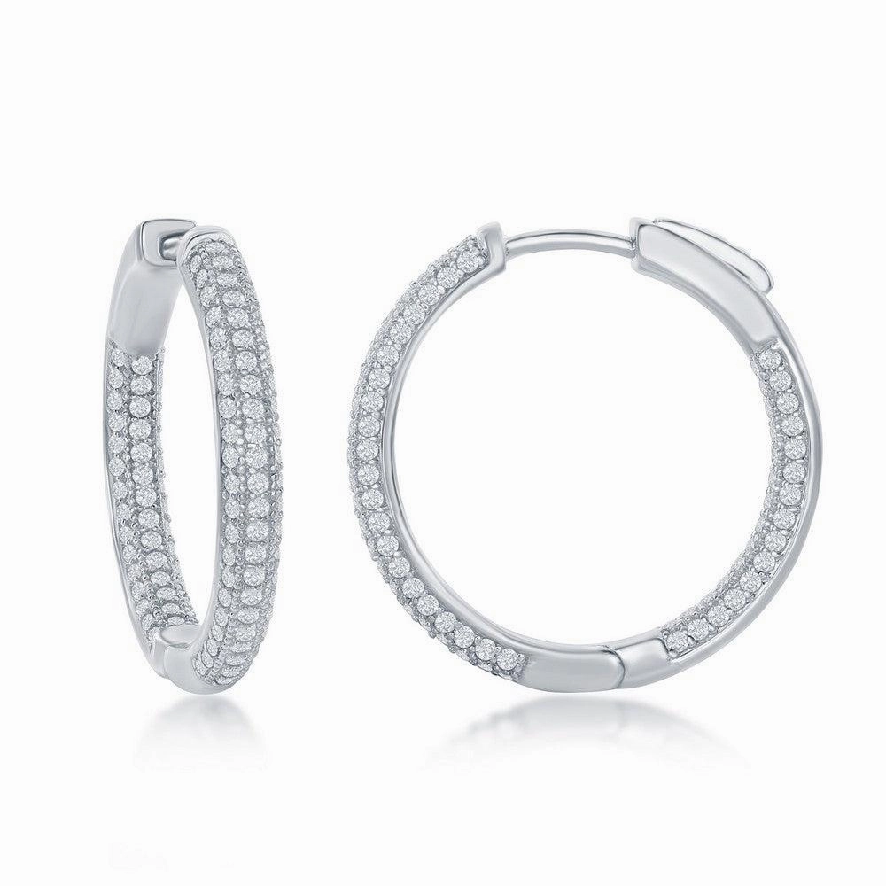 Sterling Silver Micro Pave CZ Hoop Earrings, 3 x 25 mm