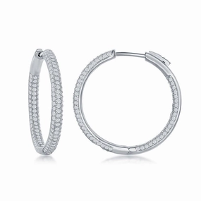 Sterling Silver Micro Pave CZ Hoop Earrings, 3 x 30 mm