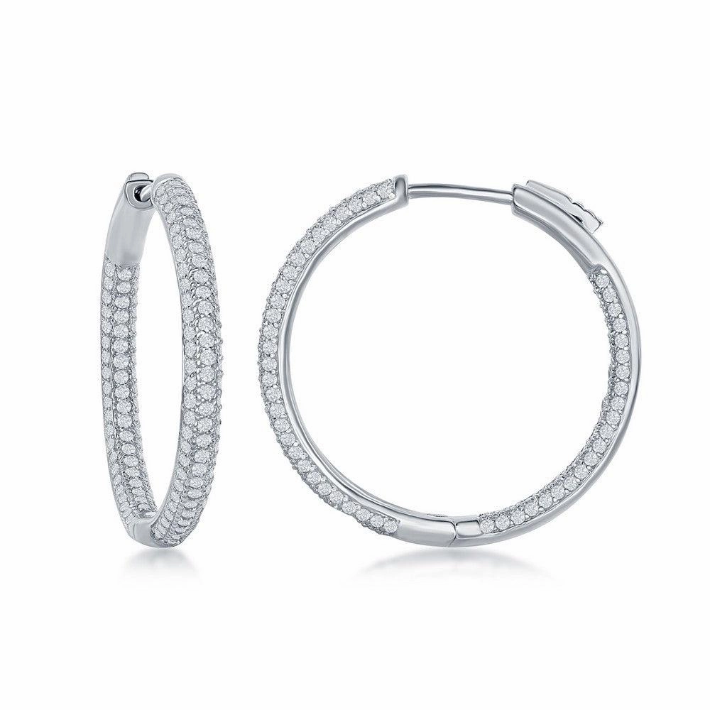 Sterling Silver Micro Pave CZ Hoop Earrings, 3 x 30 mm