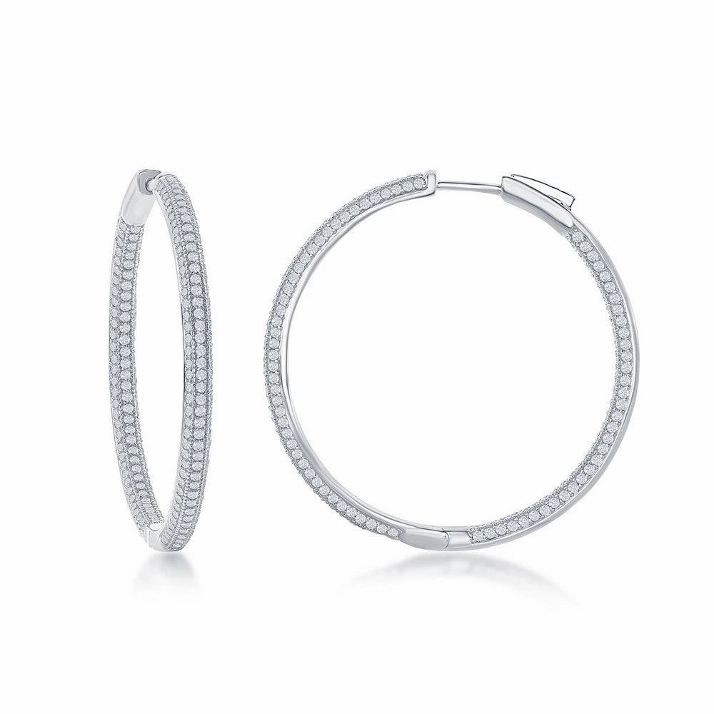 Sterling Silver Micro Pave CZ Hoop Earrings, 3 x 40 mm