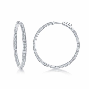 Sterling Silver Micro Pave CZ Hoop Earrings, 3 x 40 mm
