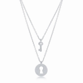 Sterling Silver Micro Pave Lock and Key Double Strand Necklace