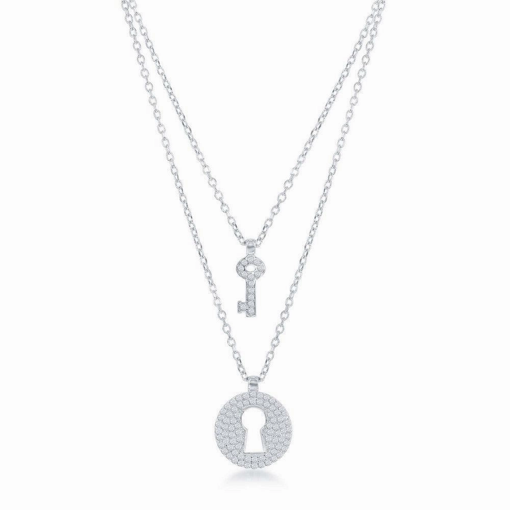 Sterling Silver Micro Pave Lock and Key Double Strand Necklace