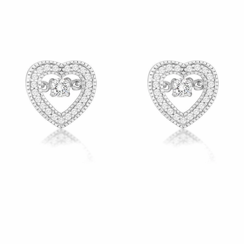 Sterling Silver Micro Pave with Center Dancing-Shimmering CZ Heart Earrings