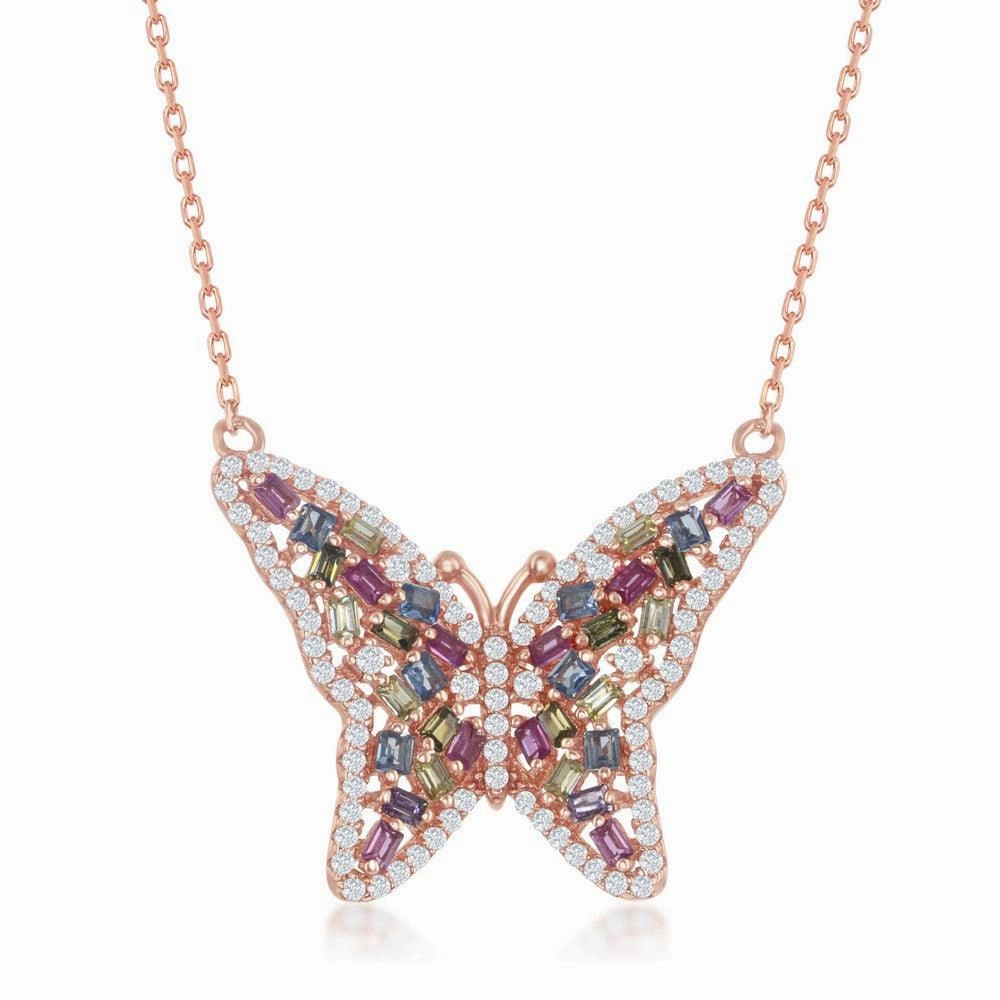 Sterling Silver Multi-Color Butterfly Necklace - Rose Gold Plated