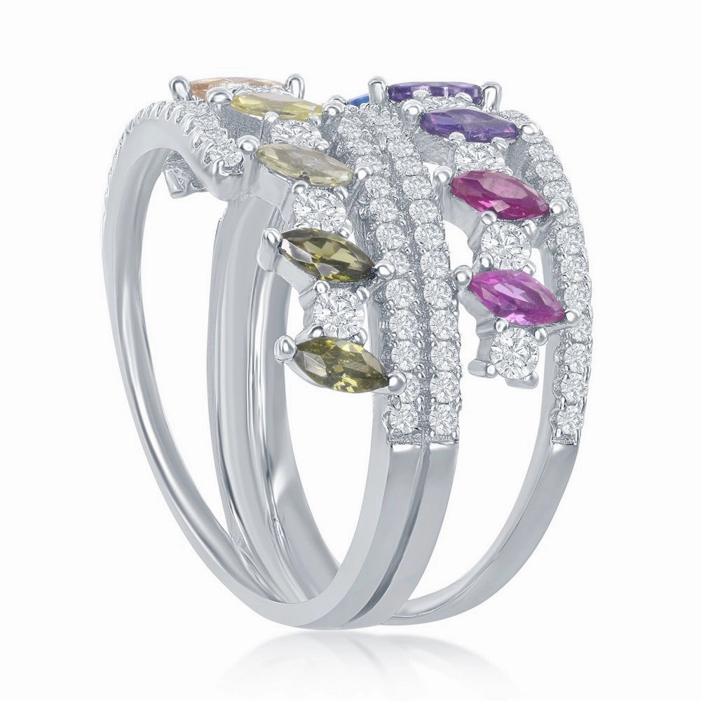 Sterling Silver Multi-Color Marquise CZ Double Ring - W-2441