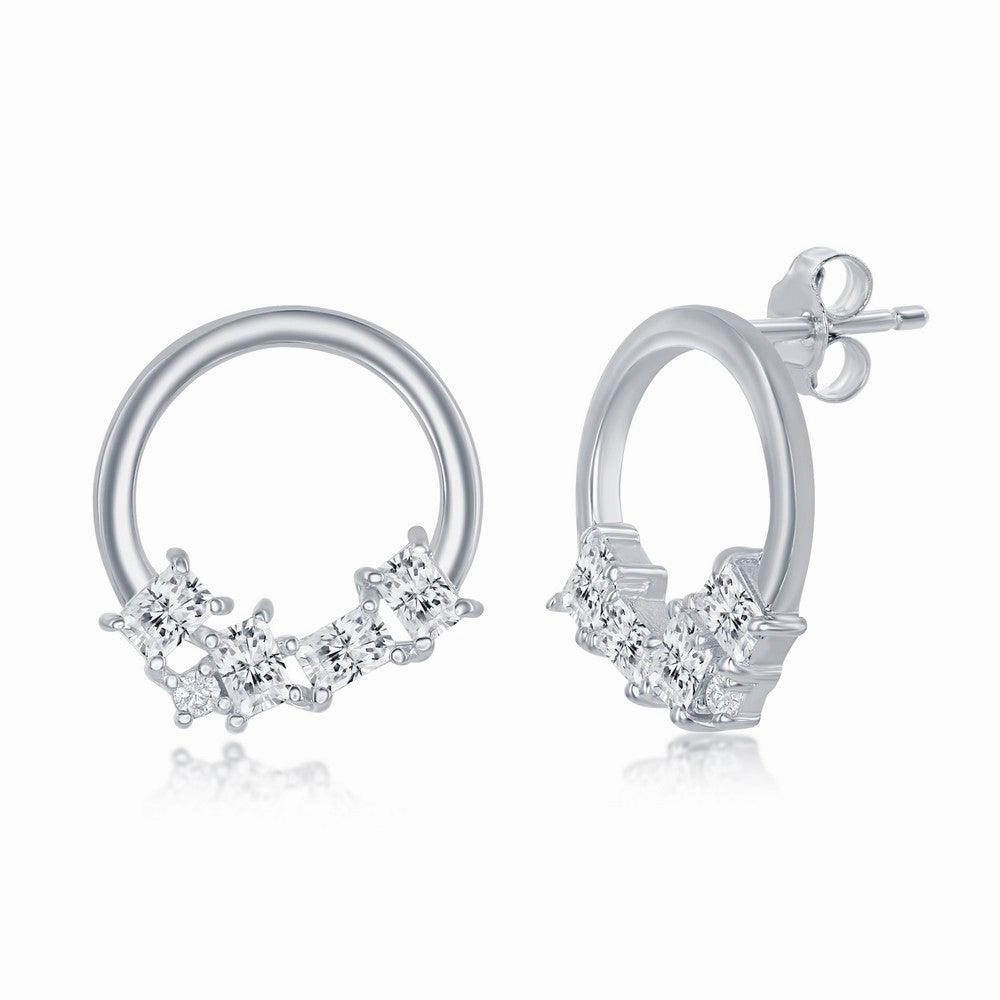 Sterling Silver Multi-Shaped CZ Open Circle Pendant & Earrings Set With Chain