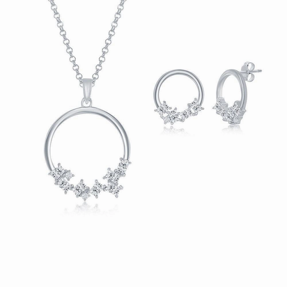 Sterling Silver Multi-Shaped CZ Open Circle Pendant & Earrings Set With Chain