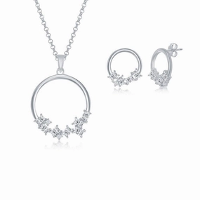 Sterling Silver Multi-Shaped CZ Open Circle Pendant & Earrings Set With Chain