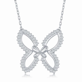 Sterling Silver Open Butterfly with CZ Border Necklace